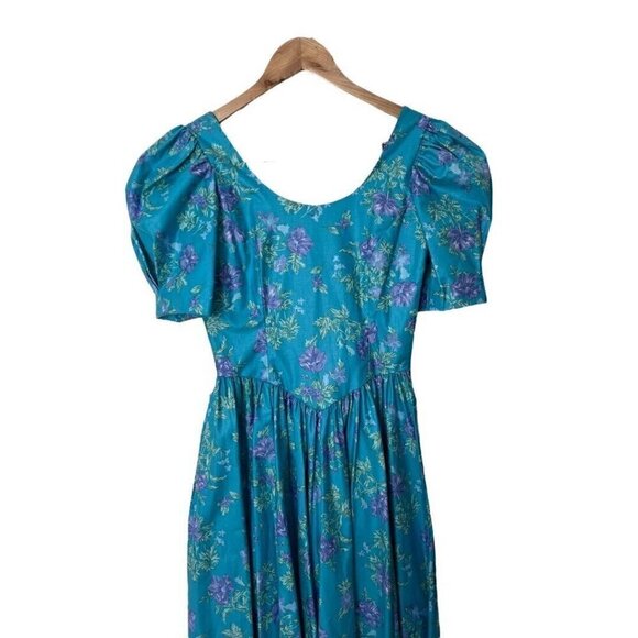 Vintage Laura Ashley Teal Floral Cottage Core Bow Back Dress US 6 2 UK 8 - Picture 2 of 8